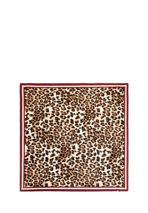 Foulard quadrato con motivo leopardato e doppio bordo bordeaux e beige.