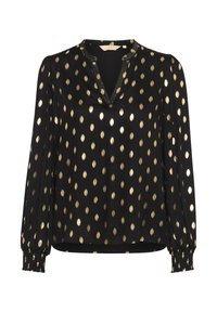 Blusa nera con maniche lunghe, caratterizzata da un motivo a pois in lamina dorata, scollo a V e polsini arricciati. Struttura morbida.