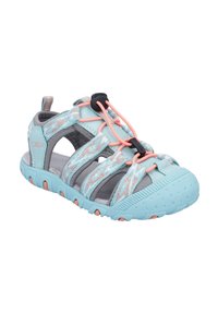 Blue and gray open-toed sandal with adjustable straps, textured soles, and elastic laces. Features patterned accents in pink and gray.
