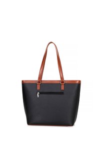 Sac fourre-tout noir avec poignées et finitions en cuir marron, comportant une poche zippée à l'avant et une forme structurée. Texture lisse.