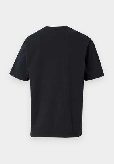 Black cotton t-shirt with short sleeves, a crew neck, and a relaxed fit. Smooth texture, no patterns or notable details on the back.
