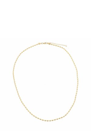 Collana d'oro con un delicato design intrecciato e perline sferiche disposte in modo uniforme. Include un piccolo gancio e una catena regolabile.