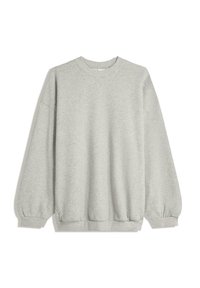 Grauer Kapuzenpullover aus weichem Stoff, mit Rundhalsausschnitt, langen Ärmeln mit elastischen Bündchen und einem lockeren Schnitt. Keine Muster oder Akzente.