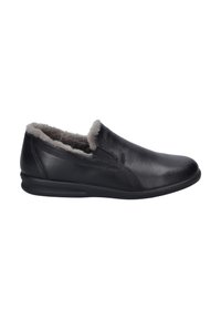 Schwarze Leder-Schlupfschuhe mit einem weichen grauen Kunstfell-Futter, runder Zehenform, elastischen Seiteneinsätzen und einer flexiblen schwarzen Sohle.