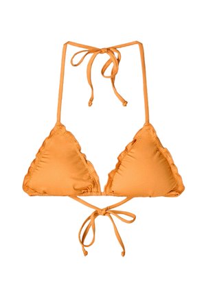 Haut de bikini triangle en orange vif, doté de bretelles à nouer et d'un bord festonné. Conçu en tissu lisse avec un design minimaliste.