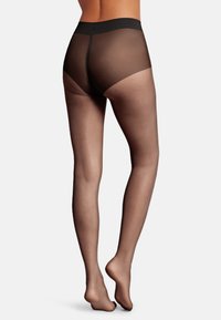 Collant neri trasparenti con finitura opaca, vita alta e texture liscia, caratterizzati da una punta rinforzata per maggiore durata.