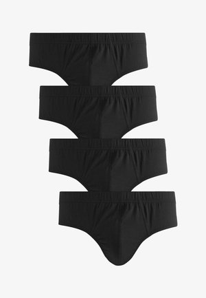 Mutande in cotone nere, dotate di una fascia elastica in vita, texture liscia, design a completa copertura e dettagli di cucitura visibili. Quattro pezzi.