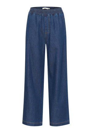 Pantaloni in denim con design a gamba larga, colore blu scuro, cintura elastica e dettagli di cucitura minimi. Nessuna tasca visibile.
