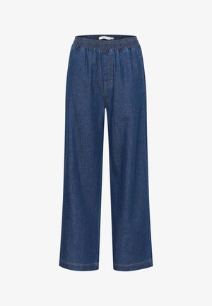 Pantaloni din denim cu un design cu picioare largi, culoare albastru închis, talie elastică și detalii minime de cusături. Fără buzunare vizibile.