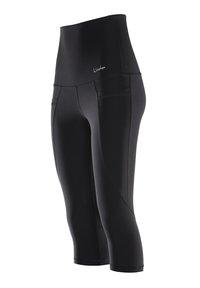Mustat urheilulliset capri-legginssit korkealla vyötäröllä, joissa on litteät saumat ja sivutaskut säilytystä varten. Silkkinen, joustava materiaali.