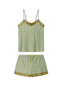 Set di pigiama verde con motivo paisley, composto da un canottiera con pizzo e pantaloni corti abbinati con vita regolabile.