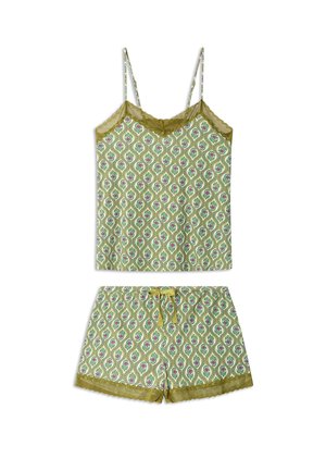 Zelená vzorovaná pyžamová souprava, která se skládá z topu s krajkovým lemem a odpovídajících šortek s vázačkou v paisley designu.