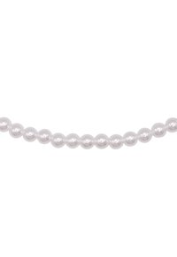 White pearl necklace with uniform spherical beads, each with a smooth, lustrous texture, strung on a thin cord.