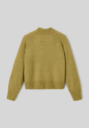Pull en tricot vert avec un ourlet et des poignets côtelés, doté d'un col montant et de manches raglan. Texture douce, épaisseur moyenne, design simple.