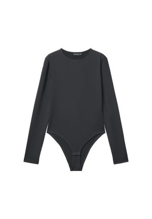Body nero a maniche lunghe con scollo rotondo e chiusura a scatto all'altezza dell'incavo, disteso su sfondo bianco.
