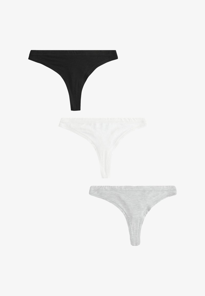 Culottes string pour femme en noir, blanc et gris clair, disposées verticalement sur un fond blanc.