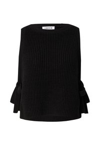 Zwarte gebreide mouwloze top met een ribbelstructuur en strikaccenten aan de zijkanten. Ronde halslijn, ontspannen pasvorm.