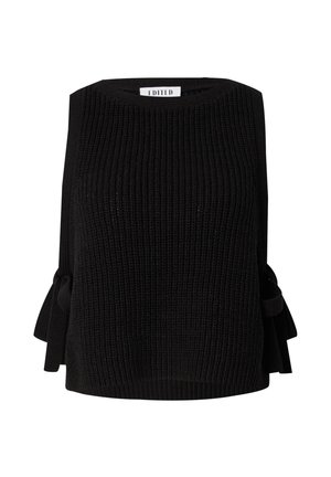 Schwarzes gestricktes ärmelloses Oberteil mit gerippter Textur und Schleifenakzenten an den Seiten. Runder Ausschnitt, lockere Passform.