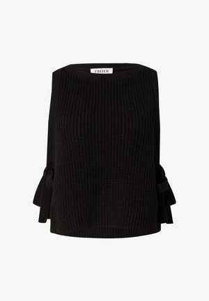 Schwarzes gestricktes ärmelloses Oberteil mit gerippter Textur und Schleifenakzenten an den Seiten. Runder Ausschnitt, lockere Passform.
