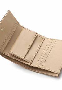 Beige wallet with a soft texture, featuring multiple card slots and a central compartment, closed with a snap button.