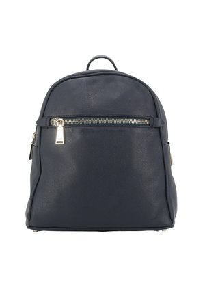 Small navy blue leather backpack with a front horizontal silver zipper pocket and a top carry handle on a white background.