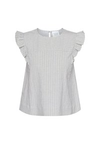 Lys grå top med blå striber, med flæser på ærmerne og knaplukning i nakken. Casual og stilfuld design.