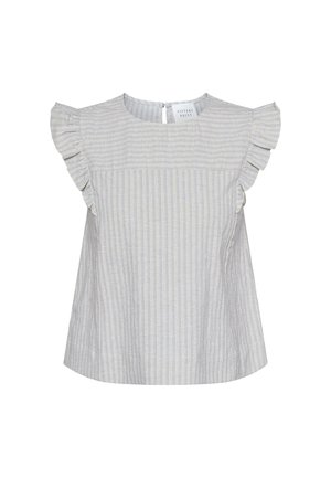 Lys grå top med blå striber, med flæser på ærmerne og knaplukning i nakken. Casual og stilfuld design.