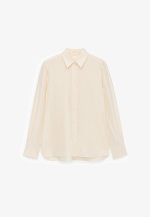 Cremefarbenes Hemd zum Knöpfen aus glattem Stoff, mit Kragen, langen Ärmeln und einem leicht abgerundeten Saum.