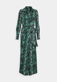 Svart långärmad skjortklänning med grön och vit abstrakt tryck. Har krage, knytning i midjan och mjukt, lätt tyg.