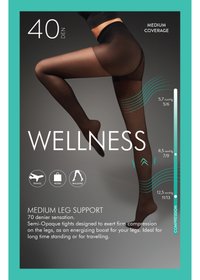 Czarne półprzezroczyste rajstopy o grubości 70 den, charakteryzujące się średnim wsparciem nóg i poziomami kompresji wyszczególnionymi na opakowaniu. Ikony dotyczące podróży i pracy.