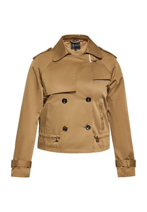 Brun, kort trenchcoat med dobbelknaplukning, stor krave og justerbare manchetter. Glat tekstur med et slankt design.