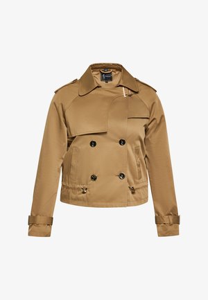 Brauner, taillierter Trenchcoat mit doppelreihigem Knopfverschluss, großem Kragen und verstellbaren Manschetten. Glatte Textur mit schlankem Design.