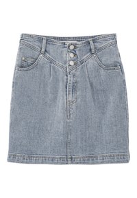 Vaaleansininen farkuhame, jossa on korkea vyötärö, kolme etunappia, kaksi etutaskua ja näkyvät ompeluyksityiskohdat.