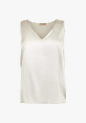 Blusa smanicata in satin color avorio con scollo a V e spalle strette, della collezione Falconeri Seta.