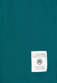 Tyrkysová látka s hladkou texturou má bílou obdélníkovou etiketu s černým nápisem „LEVI'S“ a „1873“.