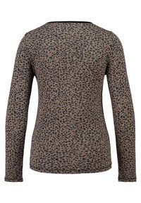 Langärmliges Oberteil aus braunem Stoff mit einem schwarzen Leopardenmuster. Verfügt über einen runden Halsausschnitt und eine taillierte Silhouette.