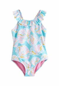 One-piece swimsuit in light blue featuring floral patterns in pink and gold, with ruffled straps and contrasting pink lining.
