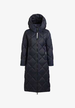 Langer dunkelblauer gesteppter Steppmantel mit großer Kapuze, Frontreißverschluss, Seitentaschen und gebrandetem Reißverschluss-Zipper.