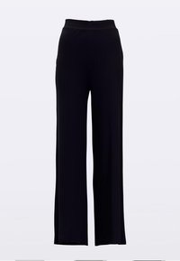 Fekete, széles szárú nadrág sima textúrával és bordázott mintával. Magas, rugalmas derékrésszel kényelmes viseletet és laza szabást biztosít.