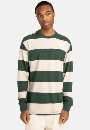 Långärmad randig sweatshirt i grön och beige bomull, med rund halsringning och broderad logotyp på bröstet. Platta sömsdetaljer.