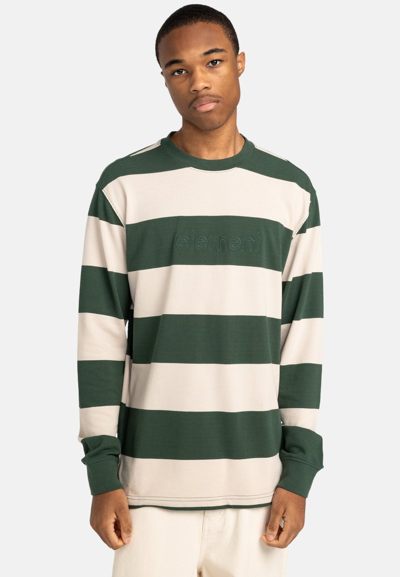 Long-sleeve striped sweatshirt in green and beige cotton, featuring a crew neck and embroidered logo at the chest. Flat seam accents.