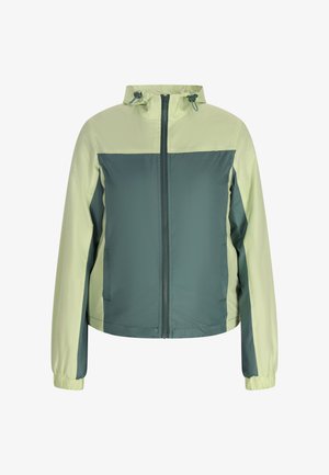 Könnyű zipzáras dzseki két tónusú kivitelben; világoszöld felsőrész és sötétzöld alsó panelek; kapucnival és rugalmas mandzsettákkal rendelkezik.