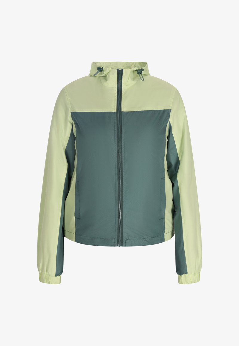 Leichte Zip-Jacke mit zweifarbigem Design; hellgrüner Oberteil und dunkelgrüne untere Paneele; verfügt über eine Kapuze und elastische Bündchen.