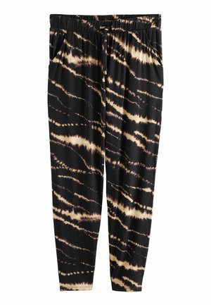 Pantalons de jogging noirs avec un motif tie-dye en crème et marron clair. Dotés d'une taille élastique et de poches latérales, fabriqués en tissu doux.
