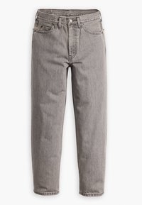 Jeans de denim gris de talle alto con cierre delantero de botón, trabillas para cinturón, cinco bolsillos y piernas rectas y ajustadas.
