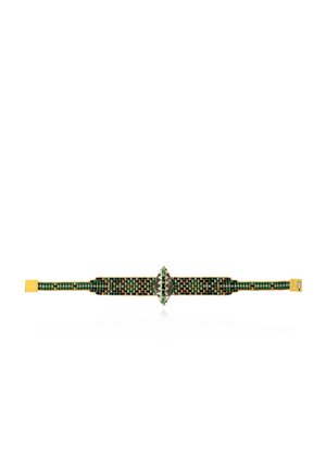 Beaded bracelet with green and black pattern and a marquise-shaped central bead with triangular designs, secured by gold clasps on both ends.