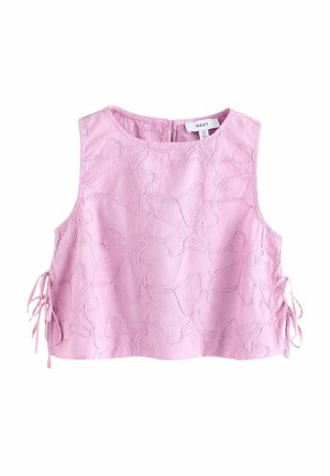 Lyserød ærmeløs top med broderede blomsterdesigns, rund halsudskæring og sidesnore til justering. Glat stof og afslappet design.