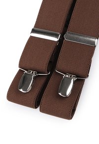 Braune elastische Hosenträger mit metallischen Clips und Akzenten, aus strukturiertem Stoff und flachem Design, geeignet zum Sichern von Hosen.