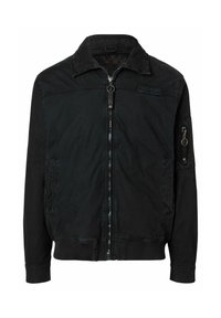 Schwarze Jacke mit Reißverschluss vorne, langen Ärmeln, gerippten Bündchen und Kragen. Verfügt über seitliche Taschen sowie eine Reißverschlusstasche am linken Arm.