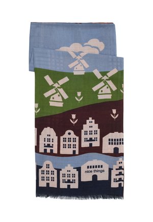 Folded scarf with printed design of windmills, tulips, clouds, and traditional Dutch-style buildings in blue, green, brown, and beige tones.
